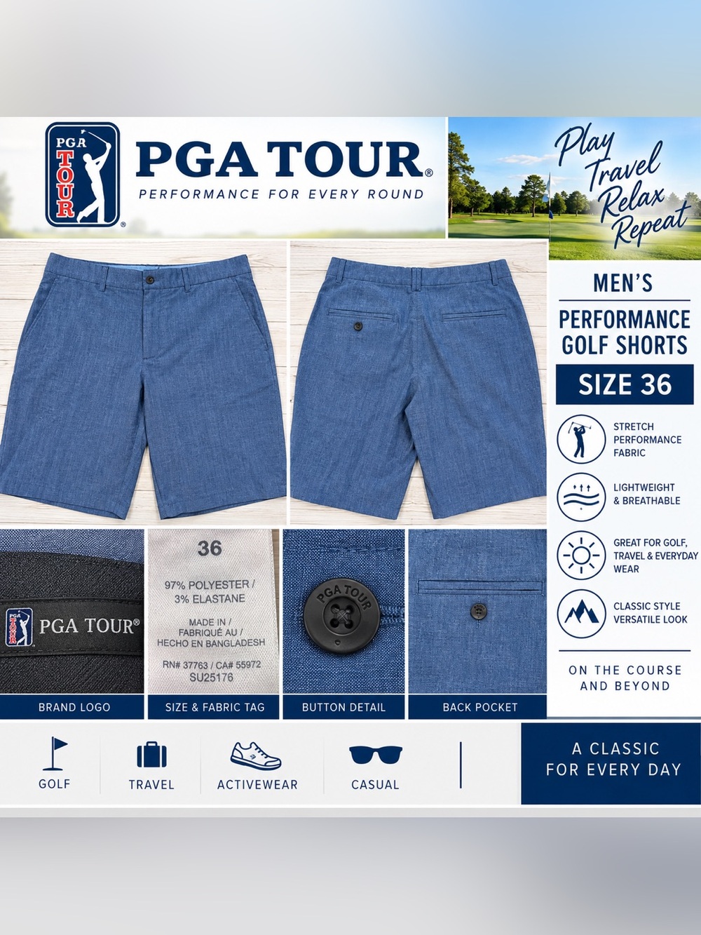 PGA TOUR Men’s Performance Golf Shorts Blue Stretch Size 36